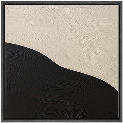 SIGNWIN Framed Canvas Print Wall Art Minimalist Wave Black and Beige Abstract Illustration Modern Art Decorative Minimal Calm/Zen for Living Room, Bedroom, Office - 16"x16" Black - color: B22-2508-edw08, size: 16"L x 16"W