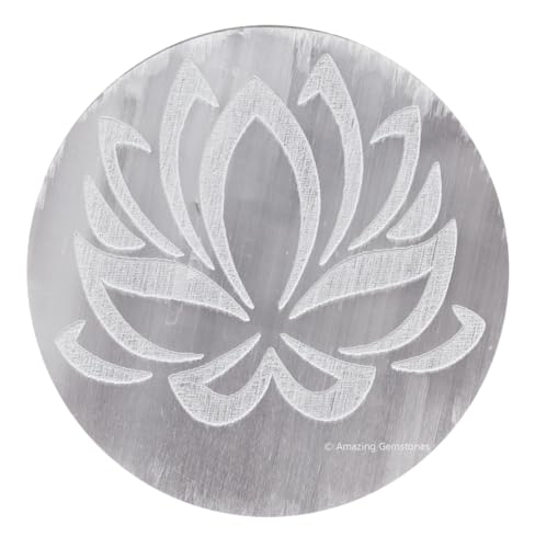 Amazing Gemstone Selenite Crystal Charging Plate For Crystals And Healing Stones, 3" Selenite Crystal Plate Engraved Lotus Flower of Life Coaster For Home, Office Table Decor (Selenite Round Disc) - color: Lotus Flower of Life