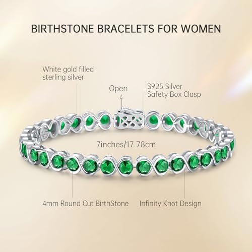 Birthstone Bracelets for Women, Sterling Silver 7 Inch Infinity Tennis Bracelet, Wedding Anniversary Birthday Jewelry Gifts for Women Wife Girlfriend Mom Her - color: 05-May-Emerald