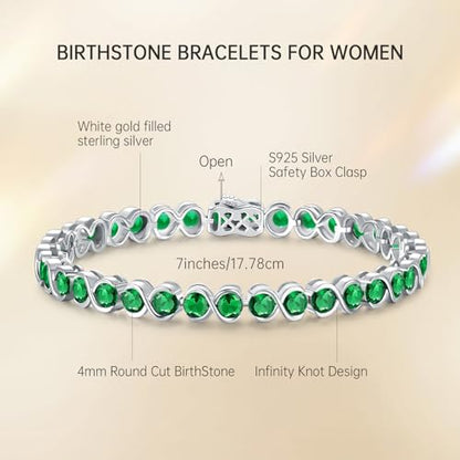 Birthstone Bracelets for Women, Sterling Silver 7 Inch Infinity Tennis Bracelet, Wedding Anniversary Birthday Jewelry Gifts for Women Wife Girlfriend Mom Her - color: 05-May-Emerald