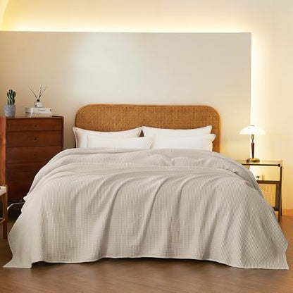 100% Cotton Waffle Blanket (Khaki - Twin Size - 66 * 90''), Pre-Washed and Anti-Shrinkage Soft Lightweight Bed & Couch Blanket, 380 GSM Waffle Weave Throw Blanket for All Seasons - color: Khaki, size: Twin (66"*90")