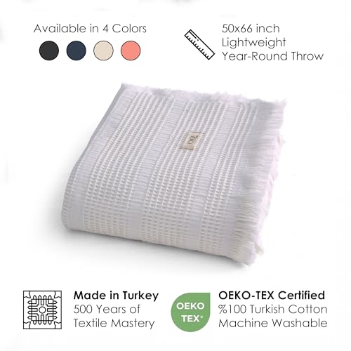 Mira Waffle Throw Blanket with Tassels - 50x66 Inch - 100% Turkish Cotton Tencel Breathable Blend Lightweight Blanket for Couch, Sofa, Bed - color: Cream