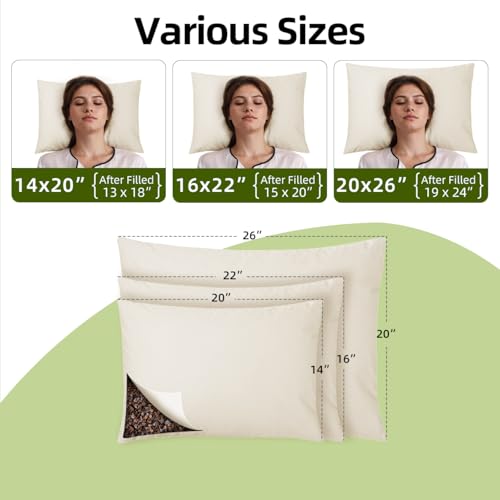 USlixury Organic Buckwheat Pillow for Sleeping with Extra Organic Pillowcase and Hulls, 16"X22" Buckwheat Hull Pillow, Adjustable Height and Firmness, Firm Neck Support for Side Sleepers, Cool, White - size: 16"X22"