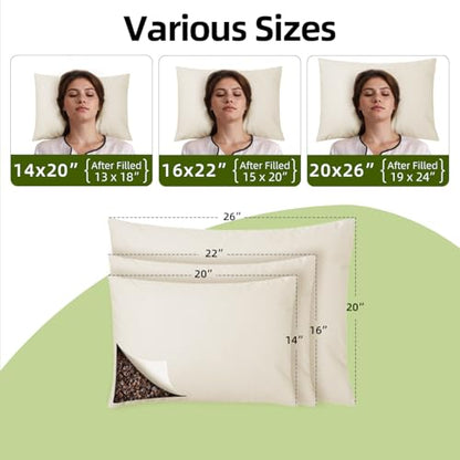 USlixury Organic Buckwheat Pillow for Sleeping with Extra Organic Pillowcase and Hulls, 20"X26" Buckwheat Hull Pillow, Adjustable Height and Firmness, Firm Neck Support for Side Sleepers, Cool, White - size: 20"X26"
