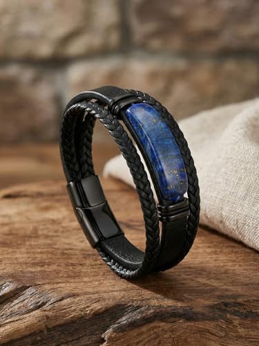 Mens Black Leather Obsidian/Turquoise/Tiger Eye/Red Agate Bracelet–Braided Multi‑Layer Wristband Cuff Bangle Bracelet with Stainless Steel Clasp Gift Jewelry Box Included - color: Lapis Lazuli, size: 8.3in(Fits most wrists)