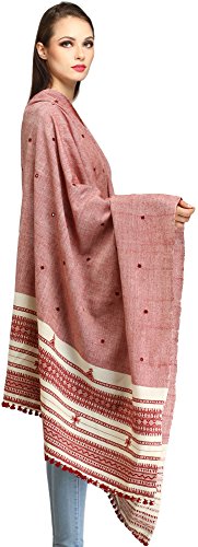 Exotic India Shawl from Kutch with Embroidered Mirrors - Pure Wool - color: Nastalgia Rose