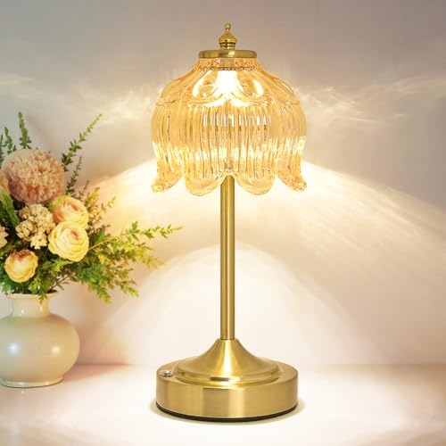 Cordless Lotus Flower Table Lamp, 5200mAh Rechargeable Battery Operated Portable Lamp, 3-Color Dimmable Touch Control Small Desk Lamp for Bedroom, Office, Kitchen, Nightstand,Room Decor (Flower Amber) - color: Flower Amber