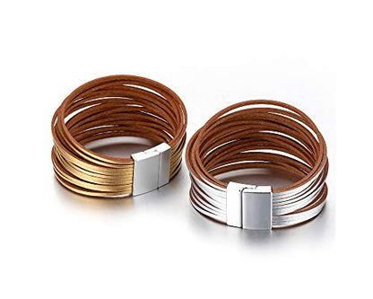 Fesciory Leather Wrap Bracelets for Women, Boho Leopard Multi-Layer Crystal Beads Cuff Bracelet Jewelry - color: B13:Short Silver