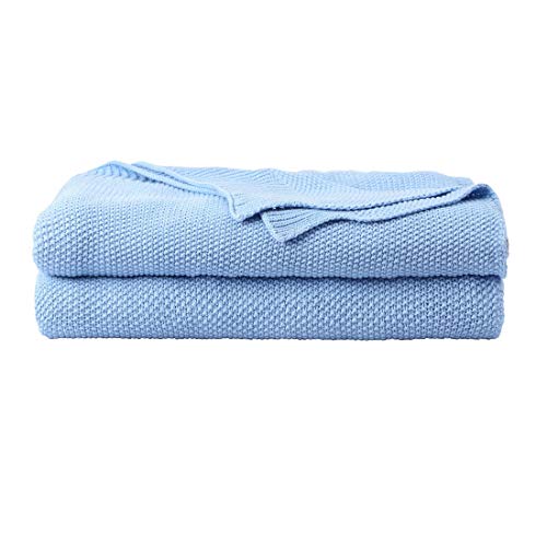 PiccoCasa 100% Cotton Knit Throw Blanket,Solid Lightweight Decorative Throws and Blankets,Soft Knitted Throw Blanket for Sofa Couch, Pale Blue 50" x 60" - color: Pale Blue, size: Throw (50" * 60")