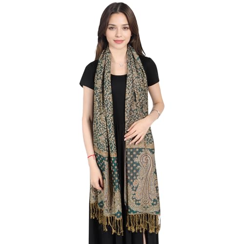 MUQU Women Pashmina Shawls and Wraps Scarf Soft Silky Reversible Paisley Scarves Shawl for Women - color: Green+orange