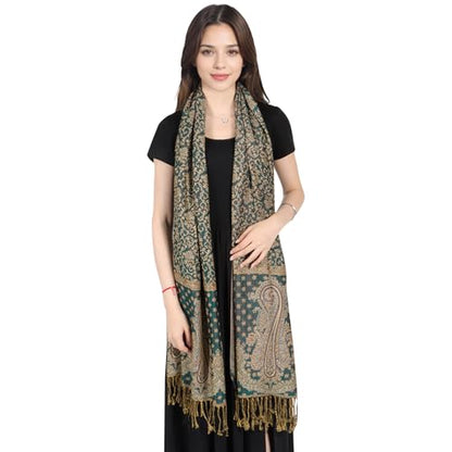 MUQU Women Pashmina Shawls and Wraps Scarf Soft Silky Reversible Paisley Scarves Shawl for Women - color: Green+orange