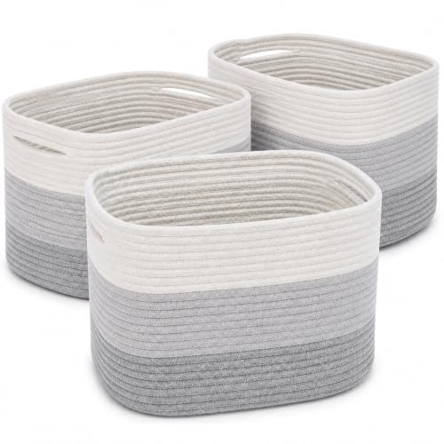 3-Toned Gray Cotton Rope Baskets for Shelves, Set of 3 - 15"×10"×9½" - Woven Storage Baskets for Organizing - Closet, Nursery, Bedroom, Playroom - Toys, Books, Towels, Clothes - color: 3-toned Gray