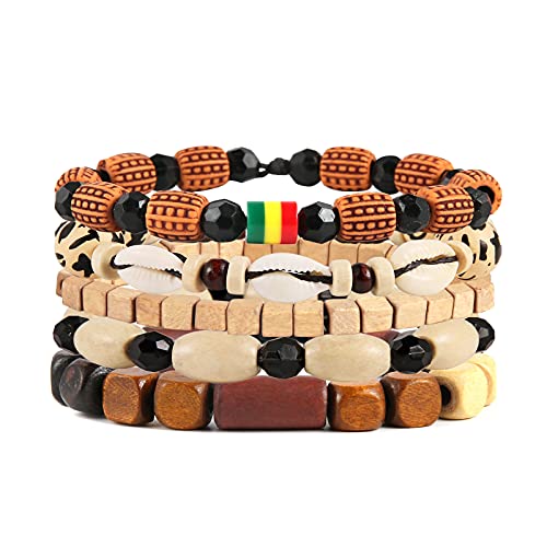 HZMAN Wrap Bracelets Men Women, Hemp Cords Wood Beads Ethnic Tribal Bracelets, Leather Wristbands - style: Shell Conch