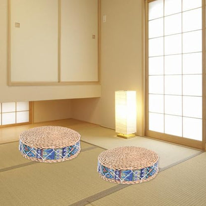 ABOOFAN Meditation Floor Cushion Straw Woven Round Seat Pad 30cm Diameter X 7cm Height Blue Husk Cushion for Yoga, Tatami, Balcony, Indoor Sitting