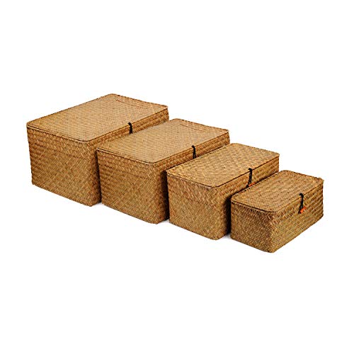 4 Pack, Wicker Baskets with Lids, Nautral Seagrass Storage Baskets, Woven Rectangular Basket Bins, Rattan Storage Organizer for Shelf - color: Natural, size: Set of 4