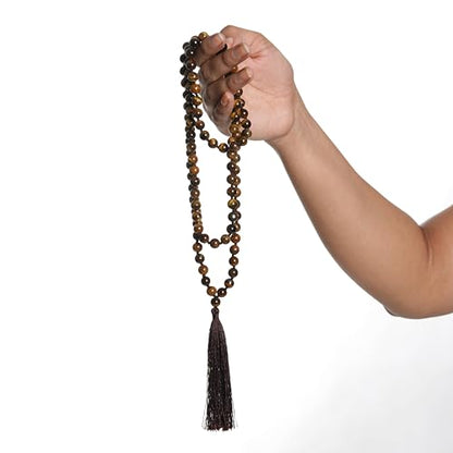 108 Mala Beads Necklace, 8mm Natural Tiger Eye Gemstone Prayer Beads for Meditation, Yoga, Japa, Mindfulness, Unisex