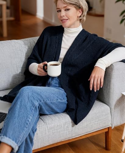 MissShorthair Knit Shawl Wraps for Women Boho Crochet Shawls Cape Open Front Cardigan - color: Navy Blue