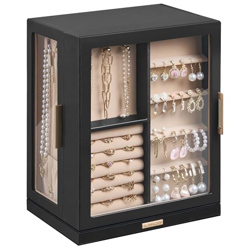 Glimmloop 360° Rotating Jewelry Box with 5 Drawers, Spacious Vertical Jewelry Organizer with Glass Window, Jewelry Storage Case, Dustproof & Moisture-resistant Design, Black - color: Black, size: 5 Drawers (6.2"D x 9.2"W x 11.4"H)