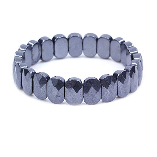 Keleny Semi Precious Stones 14mm Faceted Oval Beads Crystal Rock Elastic Bangle 7.5 Inch - color: Black Hematite