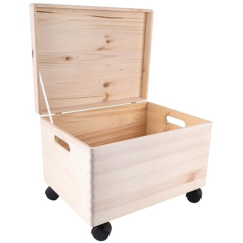 Creative Deco XXL Large Plain Wooden Box Storage with Hinged Lid & Wheels | 15.8x11.8x9.44 inches (+-0.5) | Handles | Unpainted Gift Tool Dog Toy Clothes Kitchen Storage | Rough UNSANDED