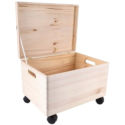 Creative Deco XXL Large Plain Wooden Box Storage with Hinged Lid & Wheels | 15.8x11.8x9.44 inches (+-0.5) | Handles | Unpainted Gift Tool Dog Toy Clothes Kitchen Storage | Rough UNSANDED