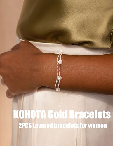 KOHOTA Silver Gold Bracelets for Women Trendy 14K Gold Plated Bracelet for Women Non Tarnish Dainty Stackable Layered Chain Heart Pearl Knot Beaded Bracelets Stack Set Charm Mothers Day Jewelry Gifts - color: B.Pearl-silver