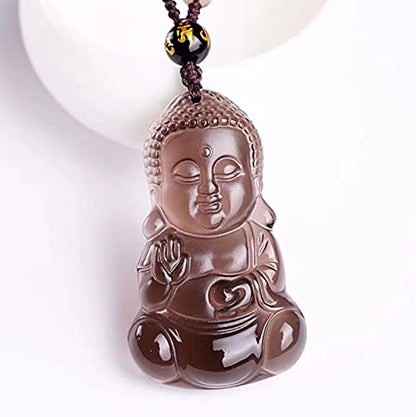 Natural black obsidian rainbow obisidan ice obsidian Maitreya launghing buddha necklace Amulet pendant bead chain - color: Ice obsidian baby buddha