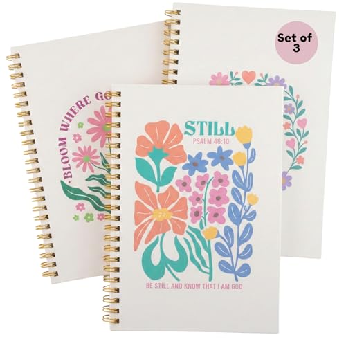 Christian Notebook Set of 3 – Joyful Bloom Spiral Journal for Women – 100 GSM No-Bleed Bible Study Supplies – 3 Floral Lined Notebooks for Prayer Journal, Sermon Notes, and Devotionals