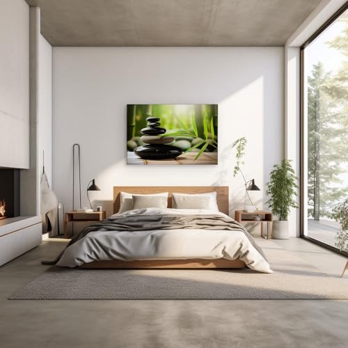 Canvas for Living room. Zen Balance - Stacking Stones and Bamboo Leaves Conjure Serenity and Harmony, 27 x 18 inch Canvas Wall Art - Ready to Hang - 69x46 cm (27x18 inch)