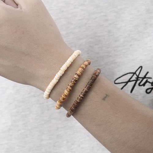 Puka Shell Bracelet for Men Wooden Bracelets Turquoise Stack Beaded Minimalist Trendy Jewelry for Friend Gift - style: 3pcs-Brown