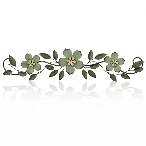 Wesiti Metal Flower Wall Decor Vintage Metal Flower Wrought Iron Scroll Sculpture 15.7''x3.7'' Not 3D, Flat Farmhouse Leaf Wall Decor with Nails for Summer Bedroom Kitchen Indoor Outdoor(Green) - color: Green