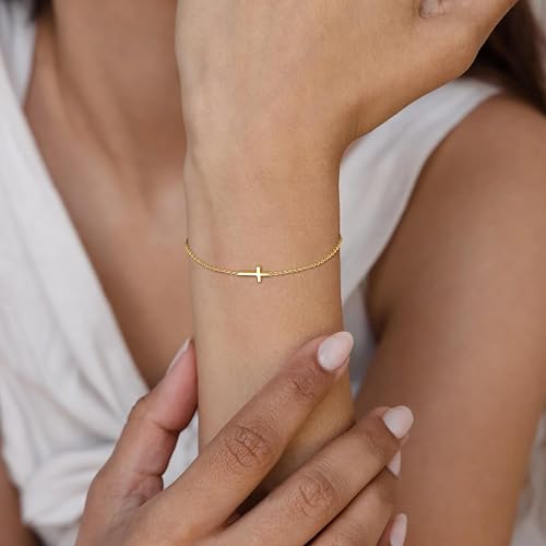 3mm Diamond Classic Tennis Bracelet for Women Dainty, Gold Jesus Cross Bracelets Trendy, 14K Gold Plated Heart/Evil Eye/Pearl/Starfish & Seashell Charm Bracelets for Women Bulk - style: Gold Plated Cross