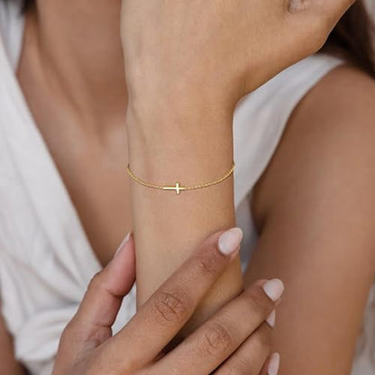 3mm Diamond Classic Tennis Bracelet for Women Dainty, Gold Jesus Cross Bracelets Trendy, 14K Gold Plated Heart/Evil Eye/Pearl/Starfish & Seashell Charm Bracelets for Women Bulk - style: Gold Plated Cross