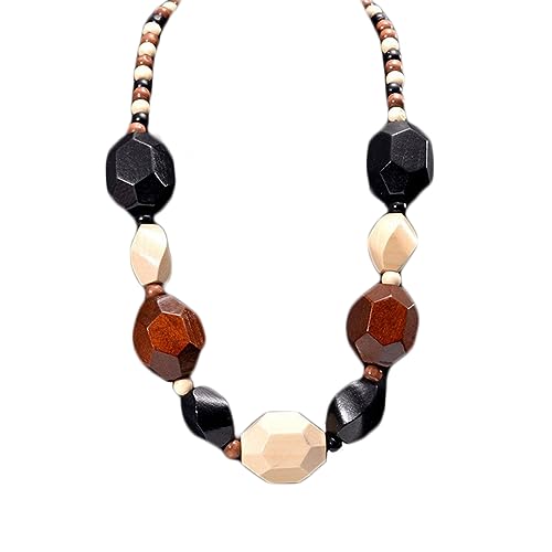 COLORFUL BLING Ethnic Natural Wood Beads Necklace for Men Women Africa Wooden Chain Chunky Strand Necklace Statement Hip Hop Jewelry - color: mix brown black