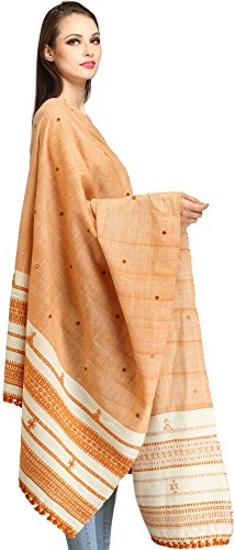 Exotic India Shawl from Kutch with Embroidered Mirrors - Pure Wool - color: Peach
