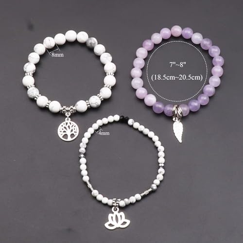 Tree of Life Yoga Healing Stone Bracelets,Multilayer Lotus Chakra Stone Reiki Bracelet Sets,Anxiety Crystal Natural Stone,for Women Stress Relief - style: White turquoise+Purple Jade