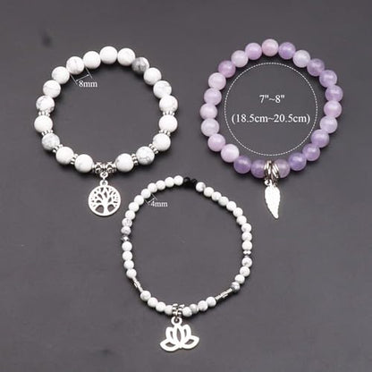 Tree of Life Yoga Healing Stone Bracelets,Multilayer Lotus Chakra Stone Reiki Bracelet Sets,Anxiety Crystal Natural Stone,for Women Stress Relief - style: White turquoise+Purple Jade