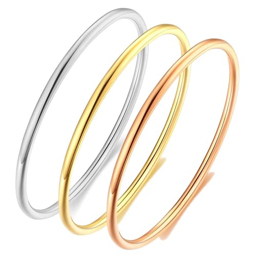 2mm/3mm Dainty Thin Round Bangle Bracelet for Women Stainless Steel Glossy Simple Plain Stackable Bracelet - color: Gold-2mm