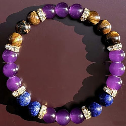 Amethyst Tiger's Eye Lapis Lazuli Crystal Bracelets for Women Men Natural Stone Handmade Gemstone Stretch Healing Yoga Beaded Bracelet Anxierty Protection Good Luck Spiritual Jewelry Gifts 8mm - color: AL-0123, size: Medium