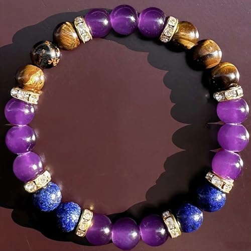 Amethyst Tiger's Eye Lapis Lazuli Crystal Bracelets for Women Men Natural Stone Handmade Gemstone Stretch Healing Yoga Beaded Bracelet Anxierty Protection Good Luck Spiritual Jewelry Gifts 8mm - color: AL-0123, size: Medium
