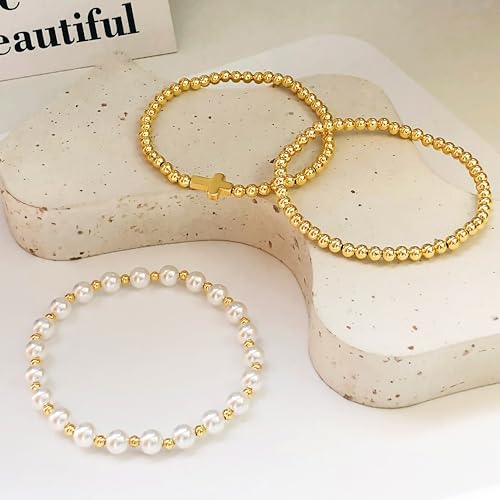 Zeffy Gold Pearl Beaded Bracelet for Women, 14K Gold Plated Jewelry Set With Paperclip Link Chain, Trendy Stack Bracelets - style: 3PCS Pearl Cross Beaded Bracelets