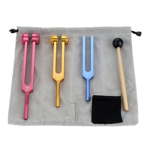 Tuning Forks for Healing (128Hz, 256Hz, 512Hz) - Colorful Tuning Fork Set for Meditation, Solfeggio, Yoga, Reiki Energy with Hammer and Storage Bag