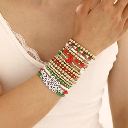 16 PCS Gold Bead Pearl Bracelet for Women, Gold Plated Beaded Strand Bead Ball Bracelets stack Adjustable Jewelry Set for Gifts - color: 04-GOLD