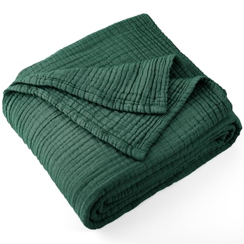 Carriediosa 100% Cotton Muslin Throw Blanket 90" X 90" Queen Size，4-Layers Summer Gauze Throws for Bed Couch，Soft Lightweight Breathable Linen Blankets Bedspread for Adults All Season，Dark Green - color: Dark Green, size: Queen