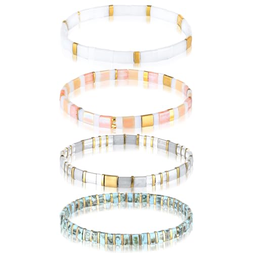 Jadive 4 Pcs Tila Flat Beaded Stretch Bracelets for Women Bohemian Friendship Bead Bracelets Glass Cute Boho Style Square Beaded Decorations for Jewelry Friend Gifts - color: Multicolor