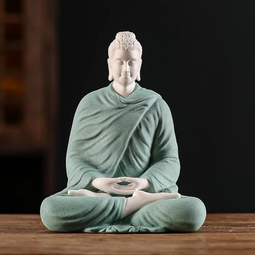 Houlu 6 Inch Green Ceramic Buddha Statue Home Decor, Small Meditating Buddha Statue Indoor - color: Green