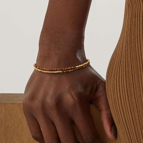 Women Beaded Bracelet Gold Double Layer Gemstone 14K Simple Dainty Handmade Chain Everyday Boho Beach Jewelry - style: Tiger's Eye