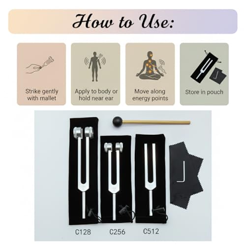 Tuning Forks for Healing Set (128Hz, 256Hz, 512Hz), Tuning Fork with Reflex Hammer for Healing/Frequency Instrument/Sound Therapy/Chakra/Yoga and Meditation Tools (Silvery), Stress Relief Gift
