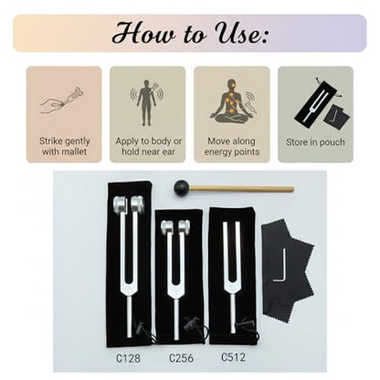 Tuning Forks for Healing Set (128Hz, 256Hz, 512Hz), Tuning Fork with Reflex Hammer for Healing/Frequency Instrument/Sound Therapy/Chakra/Yoga and Meditation Tools (Silvery), Stress Relief Gift