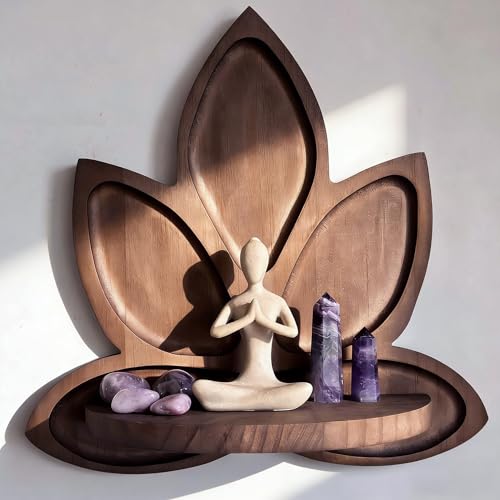 Small Carved Lotus Flower Wooden Floating Wall Shelf, Boho Zen Spiritual Home Decor for Office, Living Room, Bedroom, Yoga & Meditation Space - color: Walnut